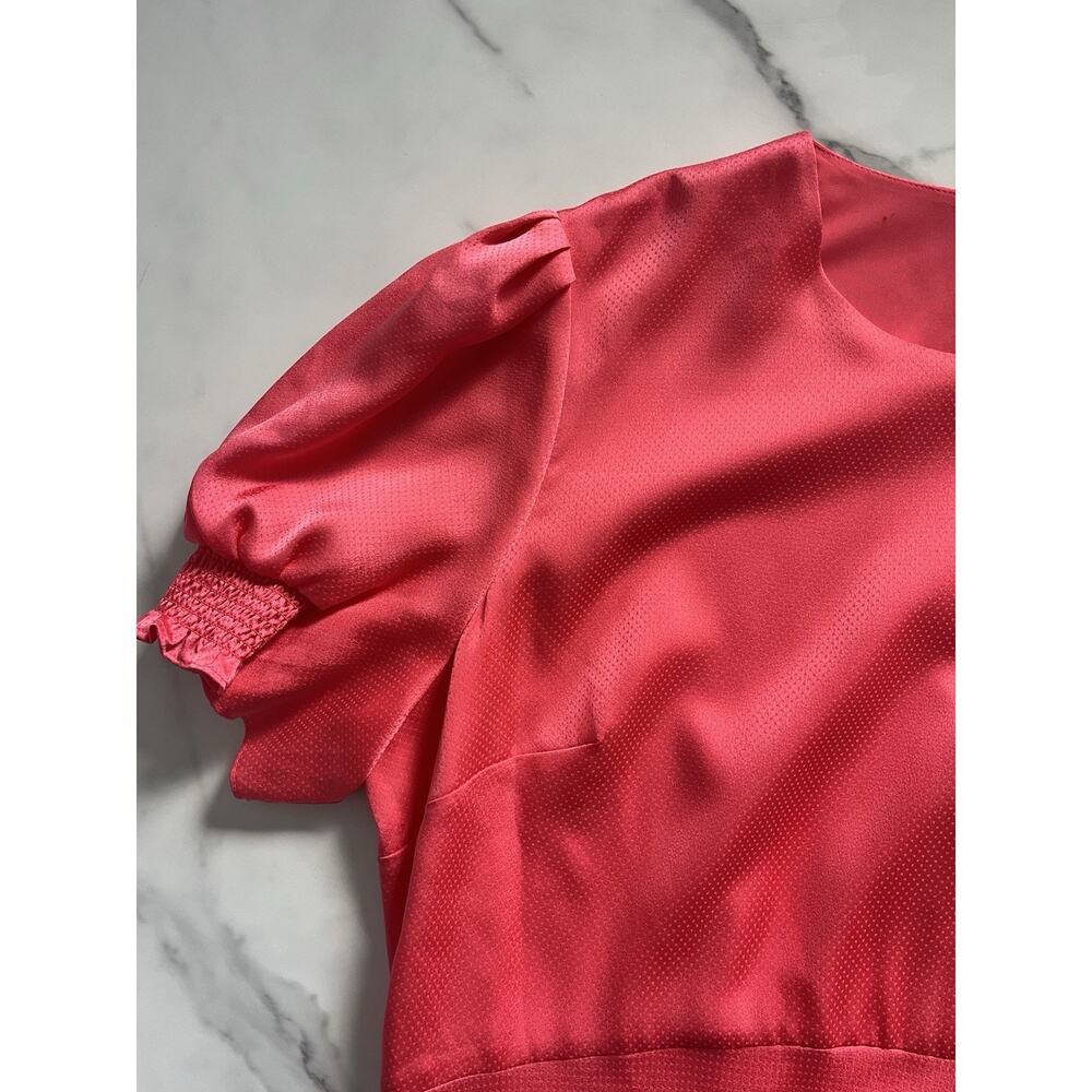 Ted Baker Textured Satin Midi Dress Size 12 Coral Pink Puff Sleeve modest chic - Picture 10 of 12